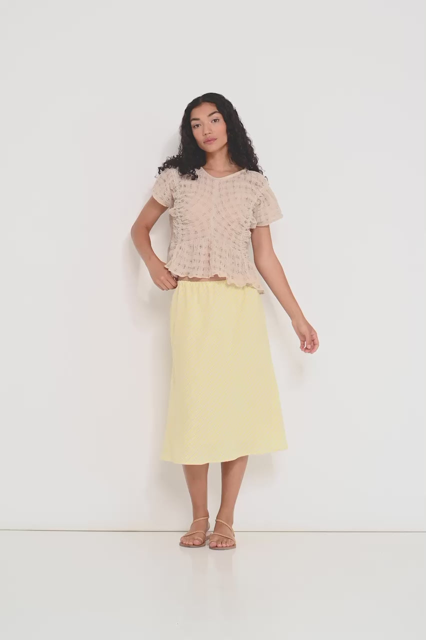 Delicia Top beige semi sheer linen gathered summer top made in Canada video